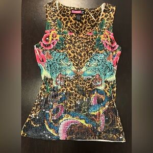 Y2K Vintage Ed Hardy vibe Multicolor Leopard Print Sequin Tank Top